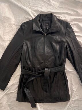Colebrook 90s classic black leather jacket with belt, Size: XL